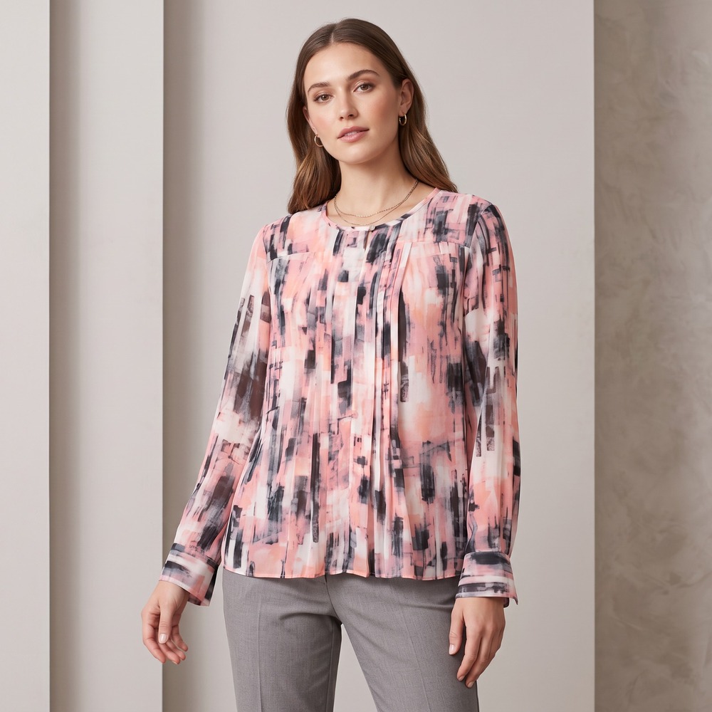 Ellen Tracy Abstract Pleated Top Pink Black Keyhole Office Siren Whimsigoth L